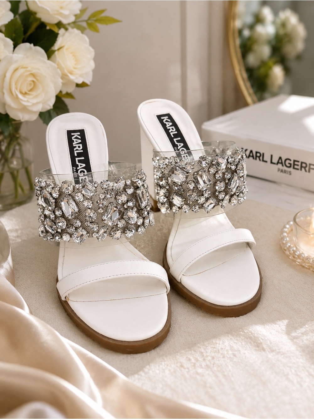 Karl Lagerfeld White Crystal-Embellished Slide Mules